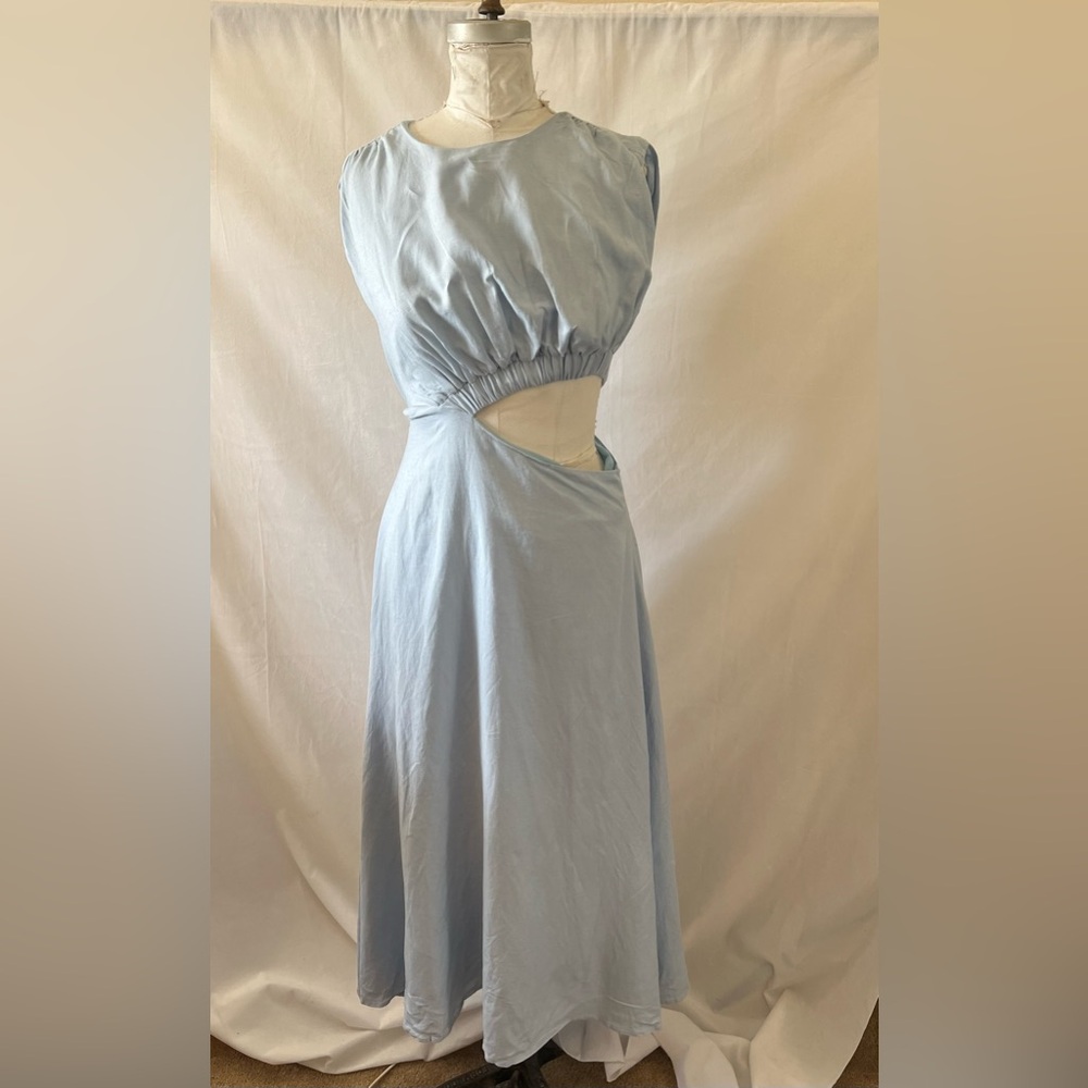 New York & Company Blue Smocked linen blend Cut Out Maxi Dress